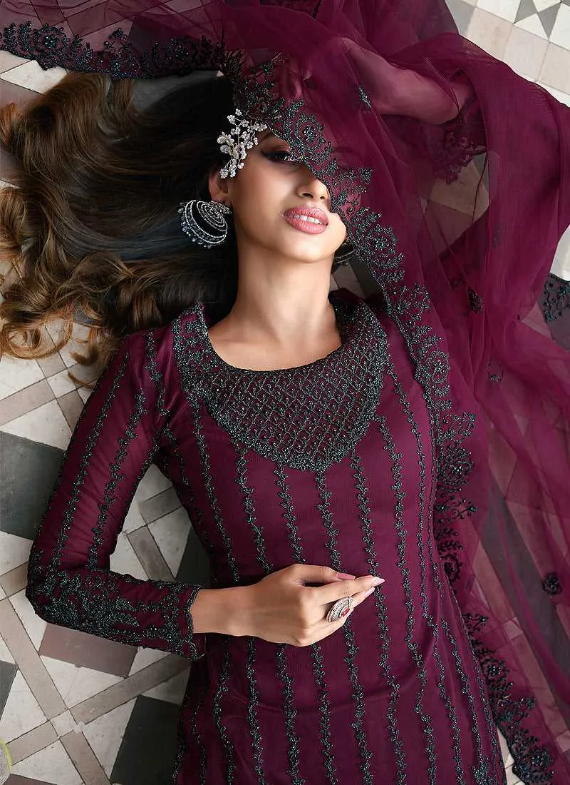 Purple Heavy Embroidered Stylish Palazzo Suit