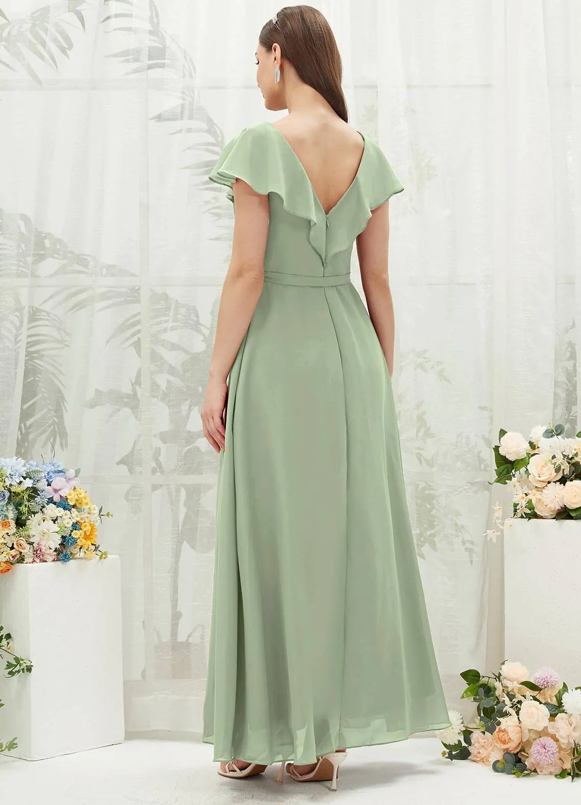Sage Green Chiffon Ruffle Sleeve V-Neck Slit Maxi Bridesmaid Dress