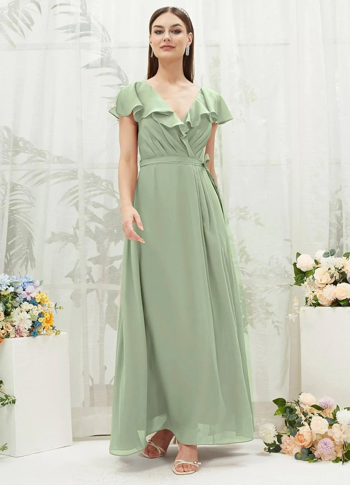 Sage Green Chiffon Ruffle Sleeve V-Neck Slit Maxi Bridesmaid Dress