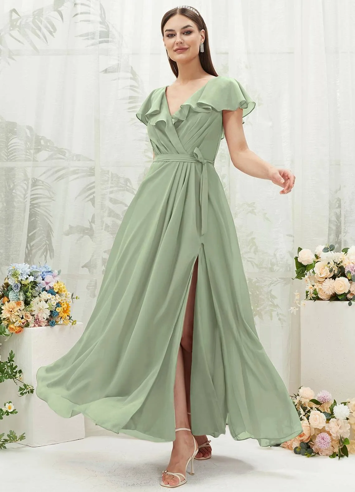 Sage Green Chiffon Ruffle Sleeve V-Neck Slit Maxi Bridesmaid Dress
