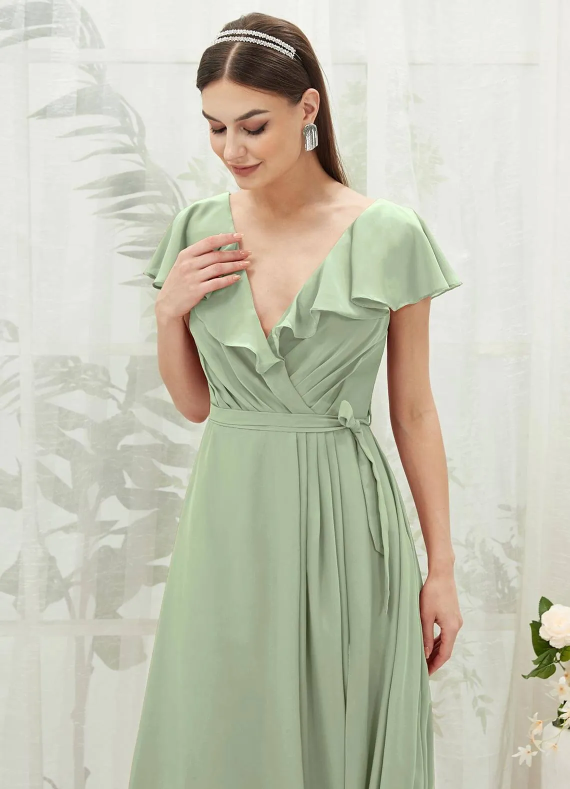 Sage Green Chiffon Ruffle Sleeve V-Neck Slit Maxi Bridesmaid Dress