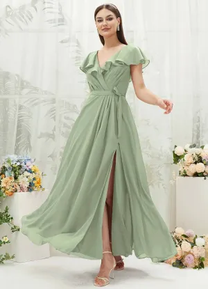 Sage Green Chiffon Ruffle Sleeve V-Neck Slit Maxi Bridesmaid Dress