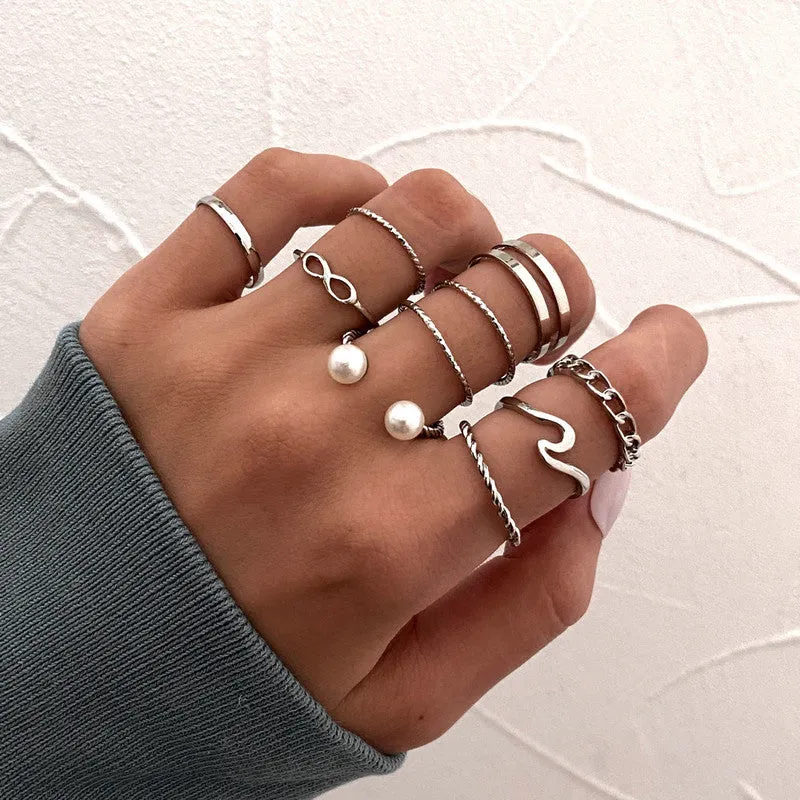 Silver 10 Piece Infinity Chain Pearl Cross Ring Set