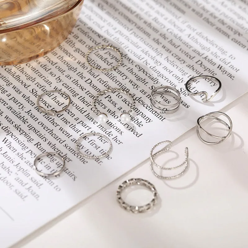 Silver 10 Piece Infinity Chain Pearl Cross Ring Set