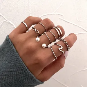 Silver 10 Piece Infinity Chain Pearl Cross Ring Set