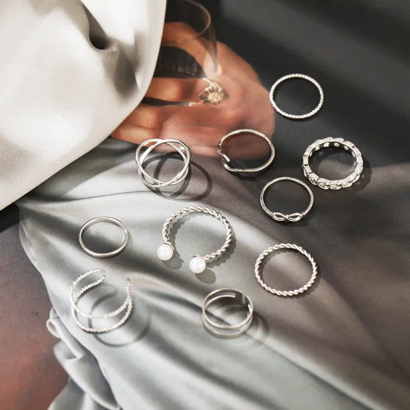 Silver 10 Piece Infinity Chain Pearl Cross Ring Set