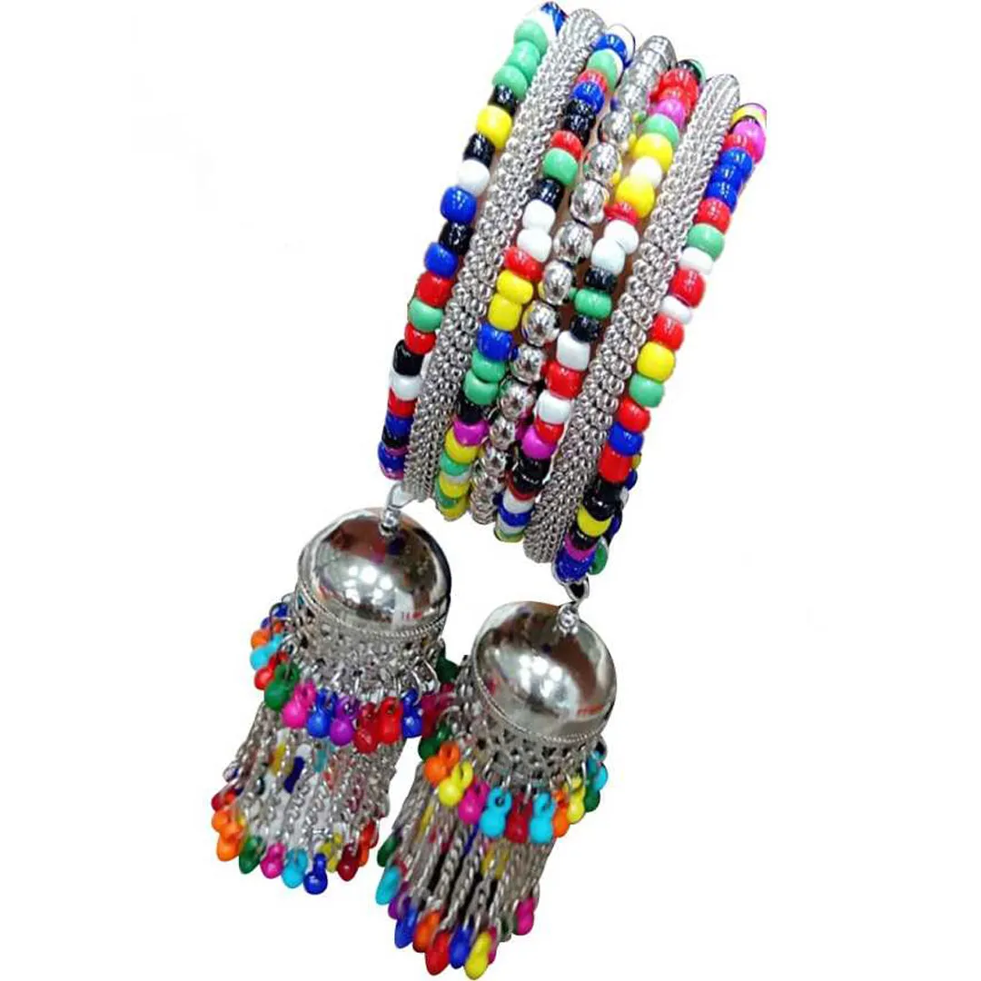 Silver Bangle Bracelet with Multicolor Beads Jhumki