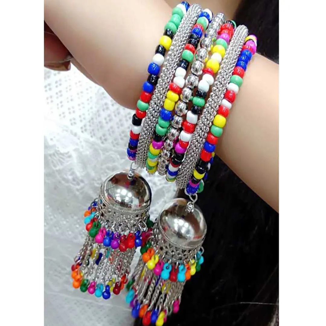 Silver Bangle Bracelet with Multicolor Beads Jhumki