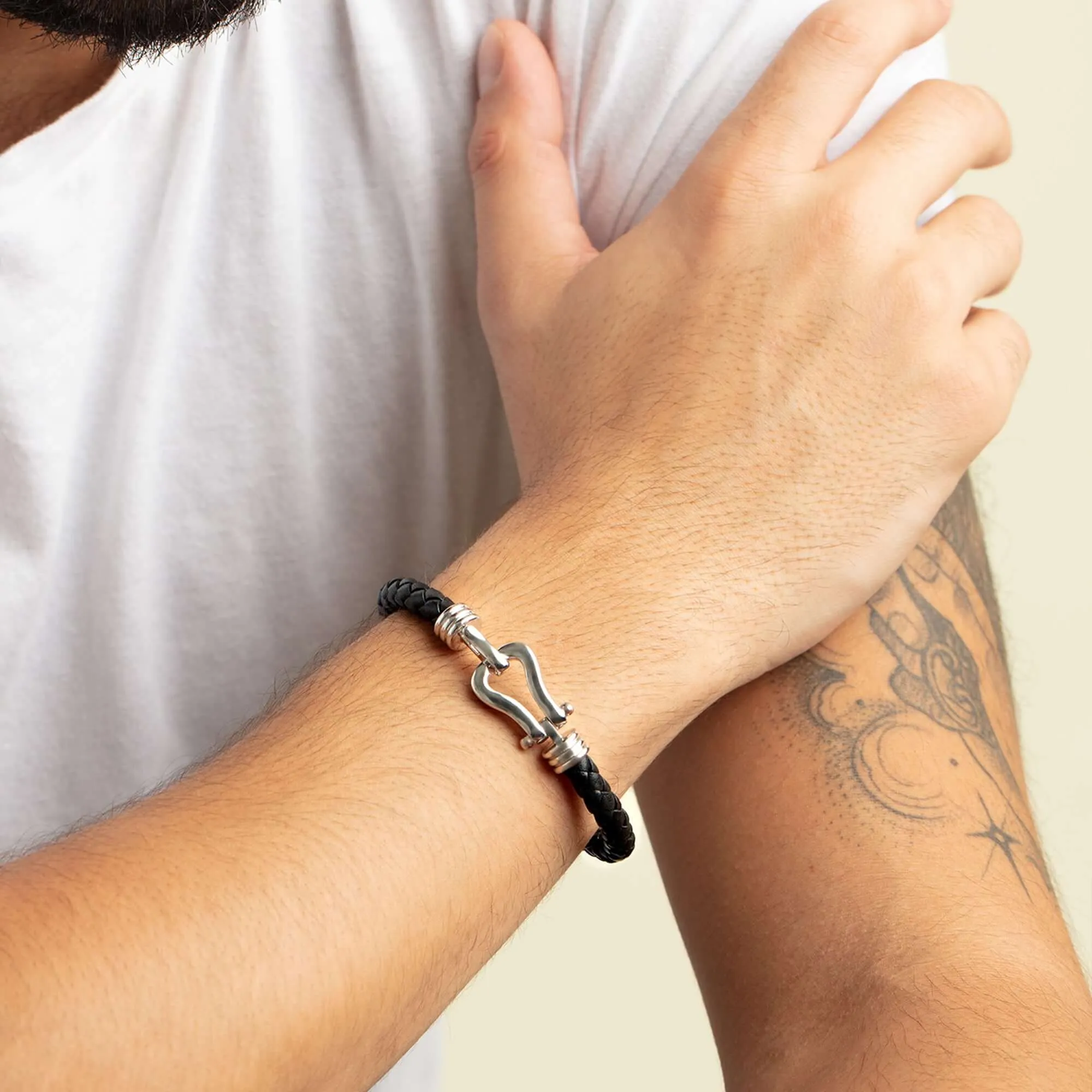 Silver Men's Leather Buckle Bracelet