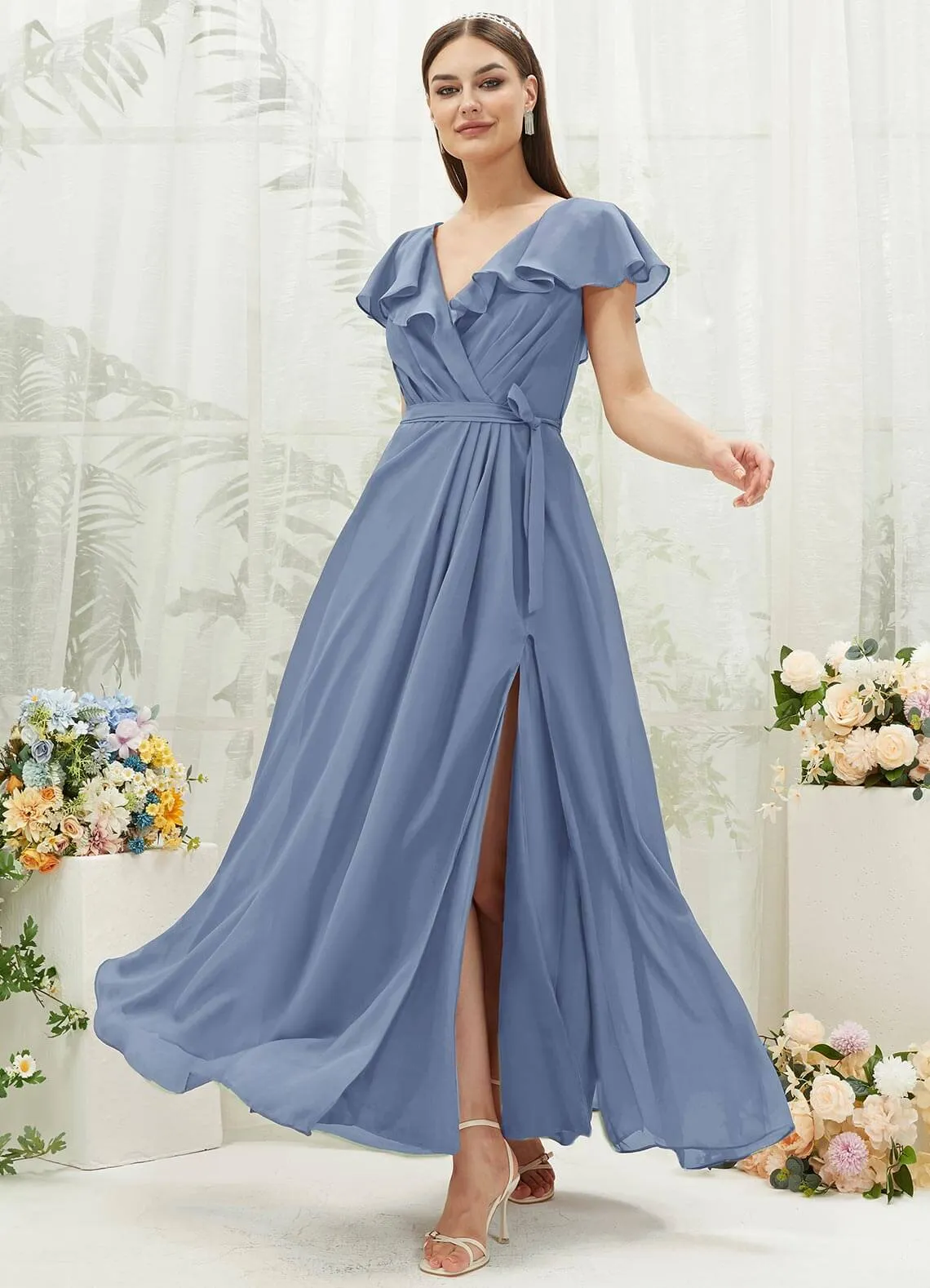 Slate Blue Chiffon Ruffle Sleeve V-Neck Slit Maxi Bridesmaid Dress