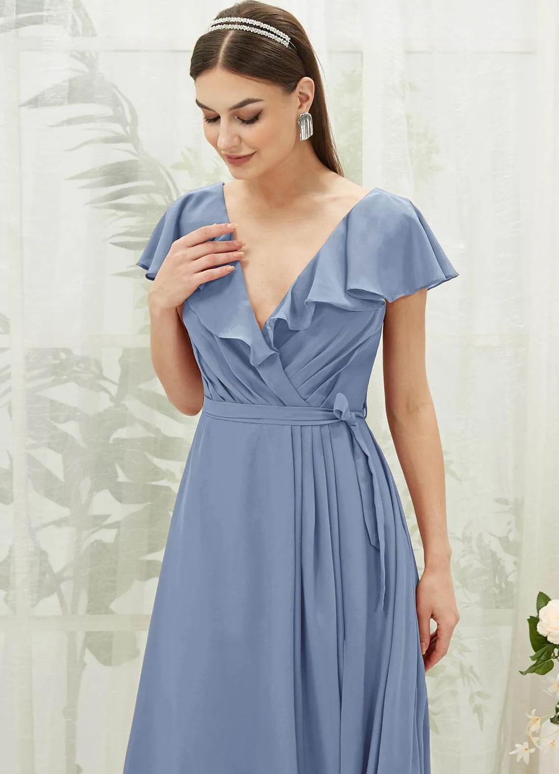 Slate Blue Chiffon Ruffle Sleeve V-Neck Slit Maxi Bridesmaid Dress