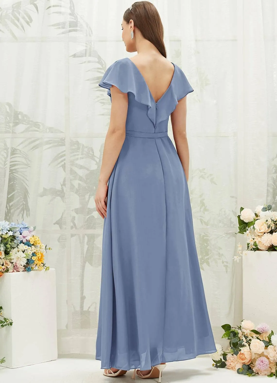 Slate Blue Chiffon Ruffle Sleeve V-Neck Slit Maxi Bridesmaid Dress