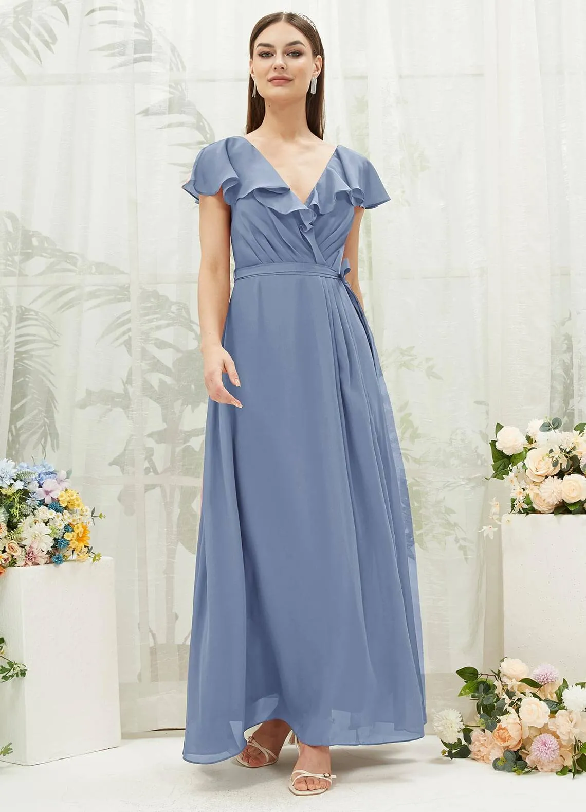 Slate Blue Chiffon Ruffle Sleeve V-Neck Slit Maxi Bridesmaid Dress