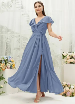 Slate Blue Chiffon Ruffle Sleeve V-Neck Slit Maxi Bridesmaid Dress