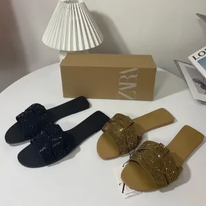 Stylish Rhinestone Flat Sandals: Open Toe, Perfect for Beach Wear