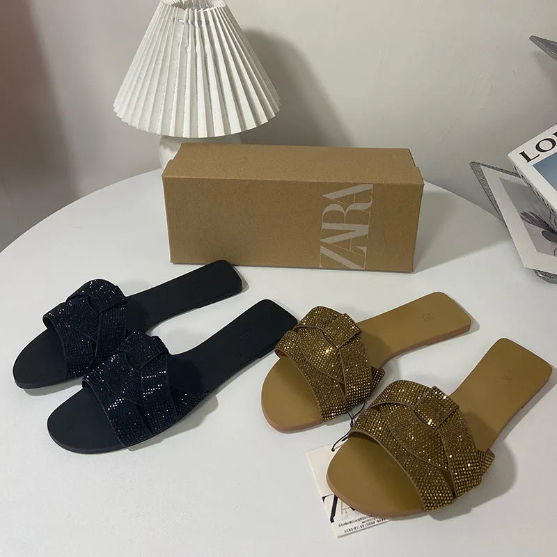 Stylish Rhinestone Flat Sandals: Open Toe, Perfect for Beach Wear