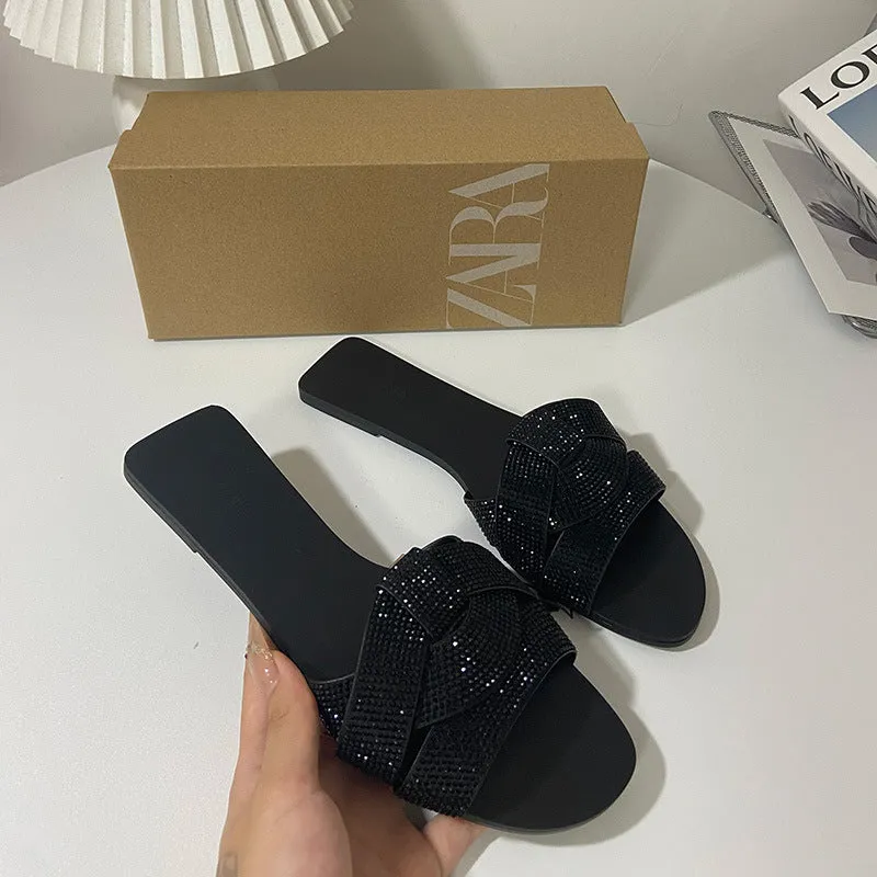 Stylish Rhinestone Flat Sandals: Open Toe, Perfect for Beach Wear