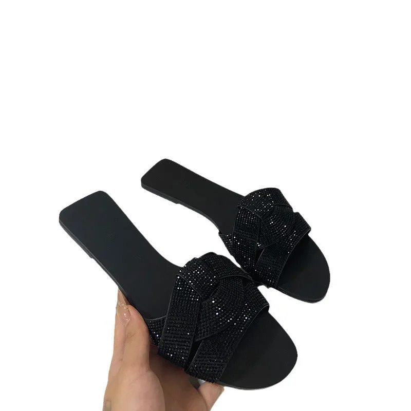 Stylish Rhinestone Flat Sandals: Open Toe, Perfect for Beach Wear