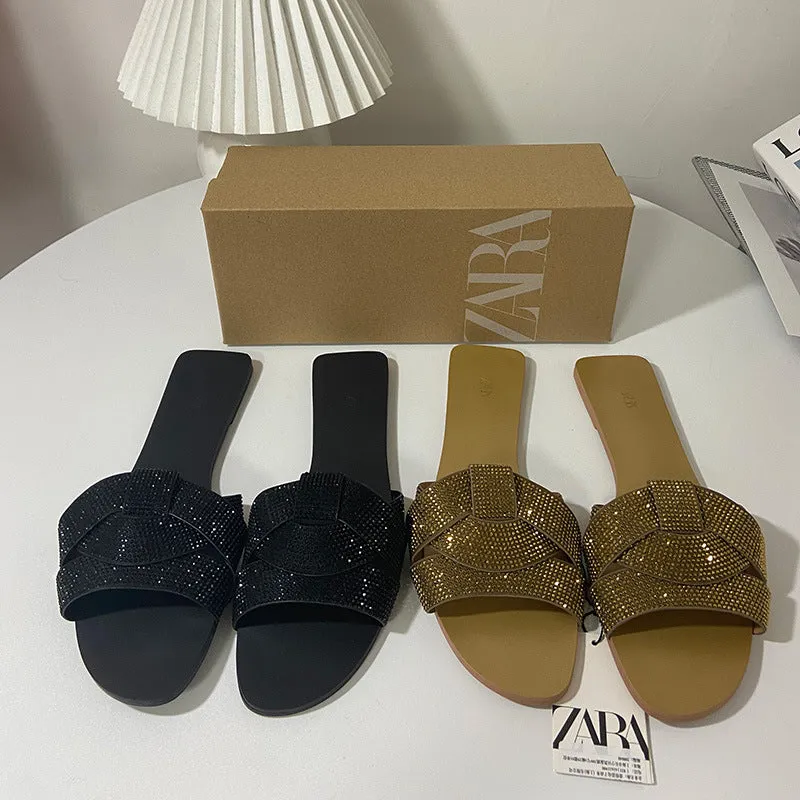 Stylish Rhinestone Flat Sandals: Open Toe, Perfect for Beach Wear
