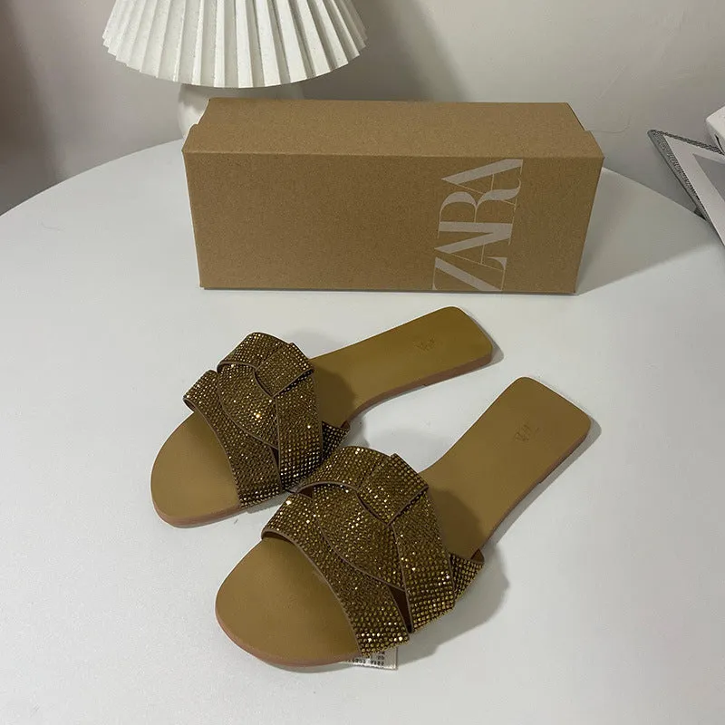 Stylish Rhinestone Flat Sandals: Open Toe, Perfect for Beach Wear