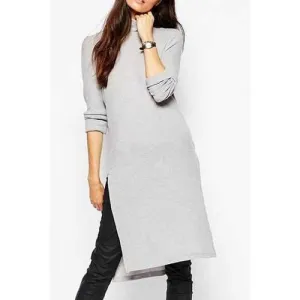 Stylish Turtle Neck Long Sleeves Solid Color Side Slit Women's Sweater Dress - Gray M