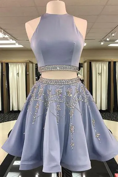 Stylish Two Piece A-Line Jewel Sleeveless Short Homecoming Dress With Beading OK432