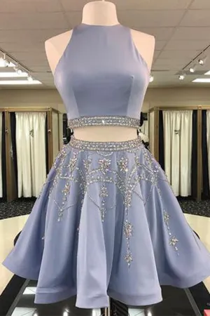 Stylish Two Piece A-Line Jewel Sleeveless Short Homecoming Dress With Beading OK432