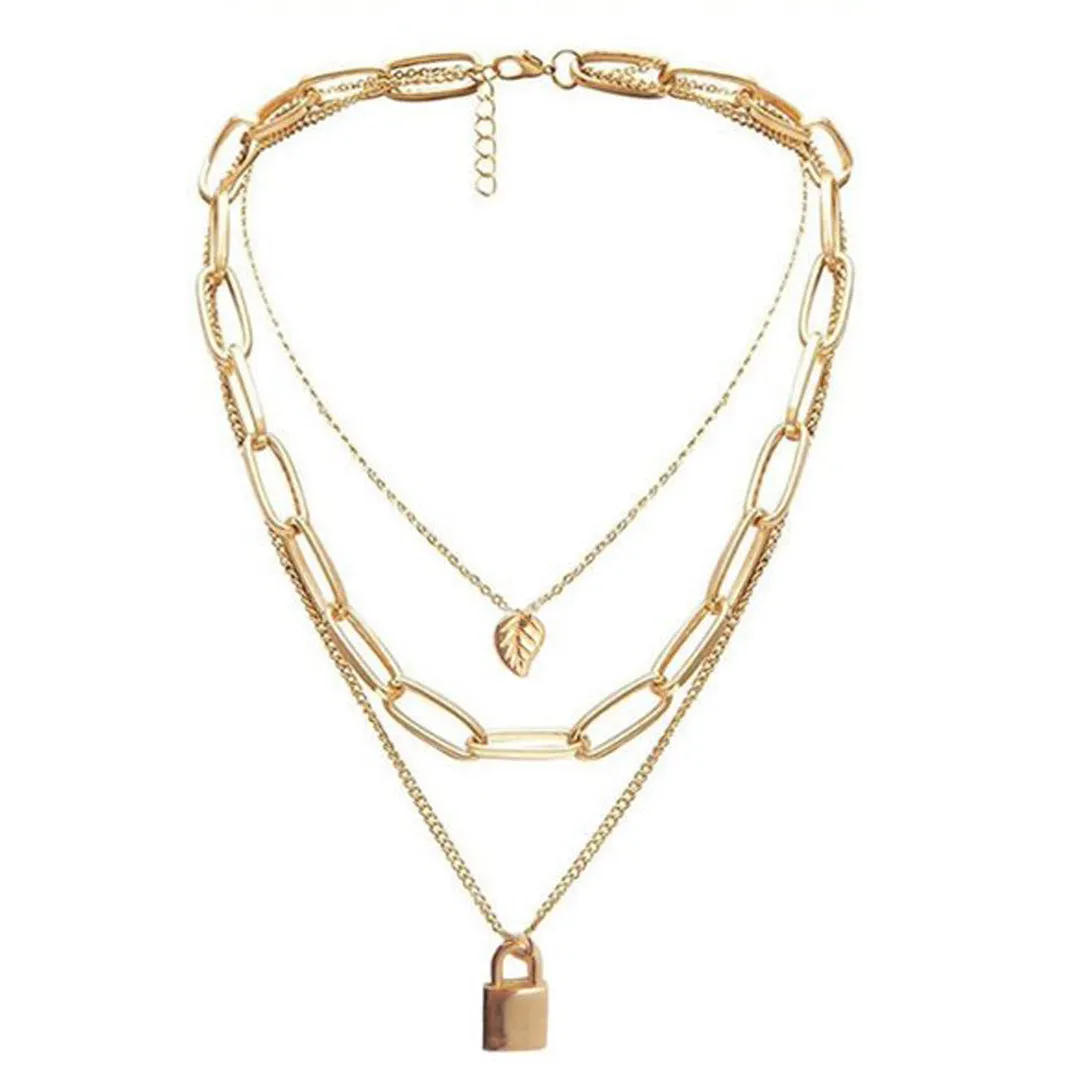 Triple Layered Golden Lock and Leaf Pendant