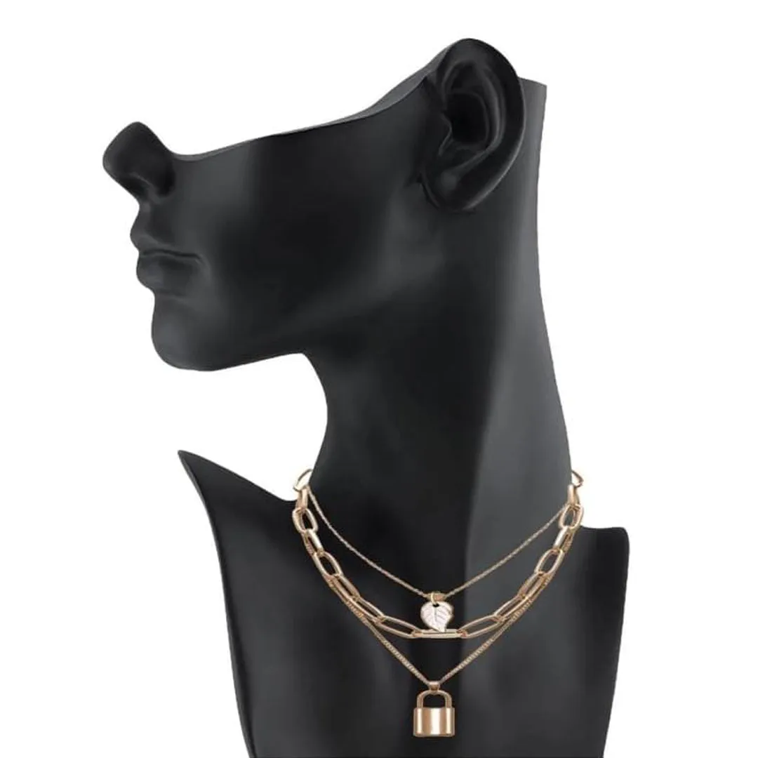 Triple Layered Golden Lock and Leaf Pendant