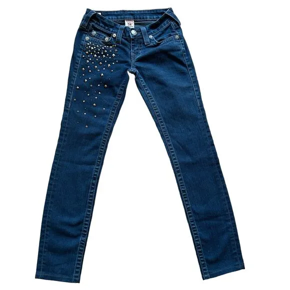 True Religion Stella Jeans Size 24 Blue Denim Skinny Low Rise Dark Wash Studded