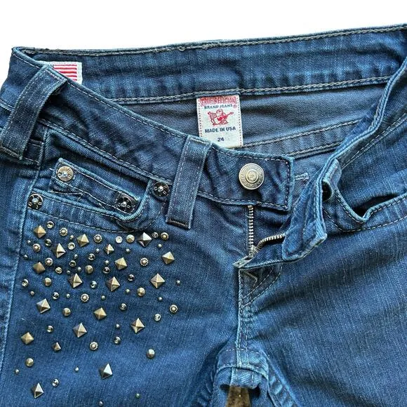True Religion Stella Jeans Size 24 Blue Denim Skinny Low Rise Dark Wash Studded