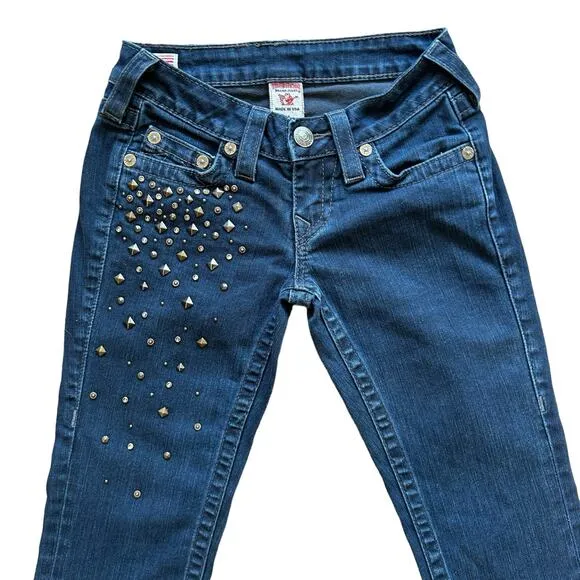 True Religion Stella Jeans Size 24 Blue Denim Skinny Low Rise Dark Wash Studded