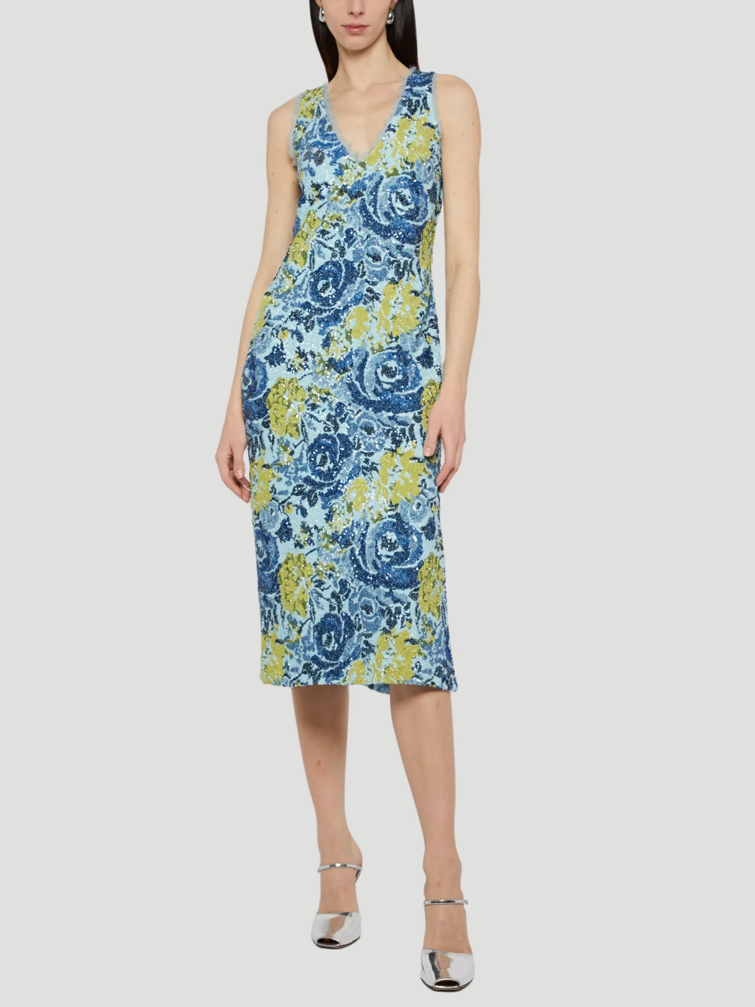 V-Neck Floral Sequin Shift Dress