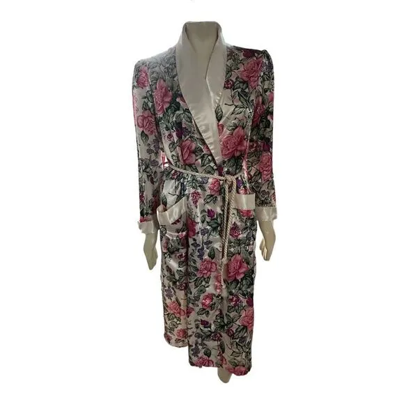 Vandemere Women's Floral Self Tie Waist Long Robe Pearl White Pink Medium