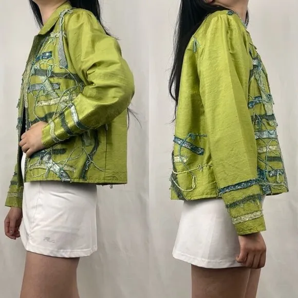 Vintage Yak Magic Shabby Chic Silk Green Patchwork Blazer Jacket