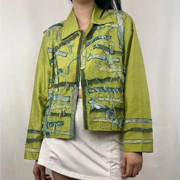 Vintage Yak Magic Shabby Chic Silk Green Patchwork Blazer Jacket