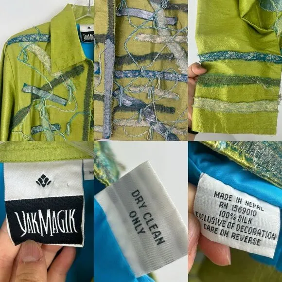 Vintage Yak Magic Shabby Chic Silk Green Patchwork Blazer Jacket