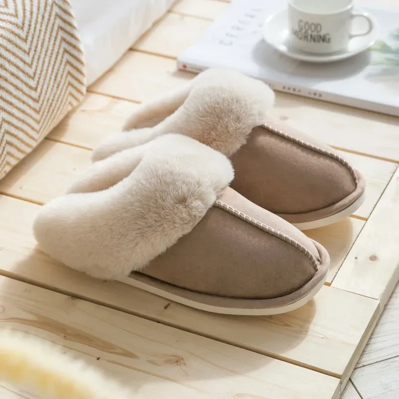 WinterFur Slippers Women Luxury Faux Suede Plush Couple Cotton Shoes Indoor Bedroom Flat Heels Fluffy Slippers