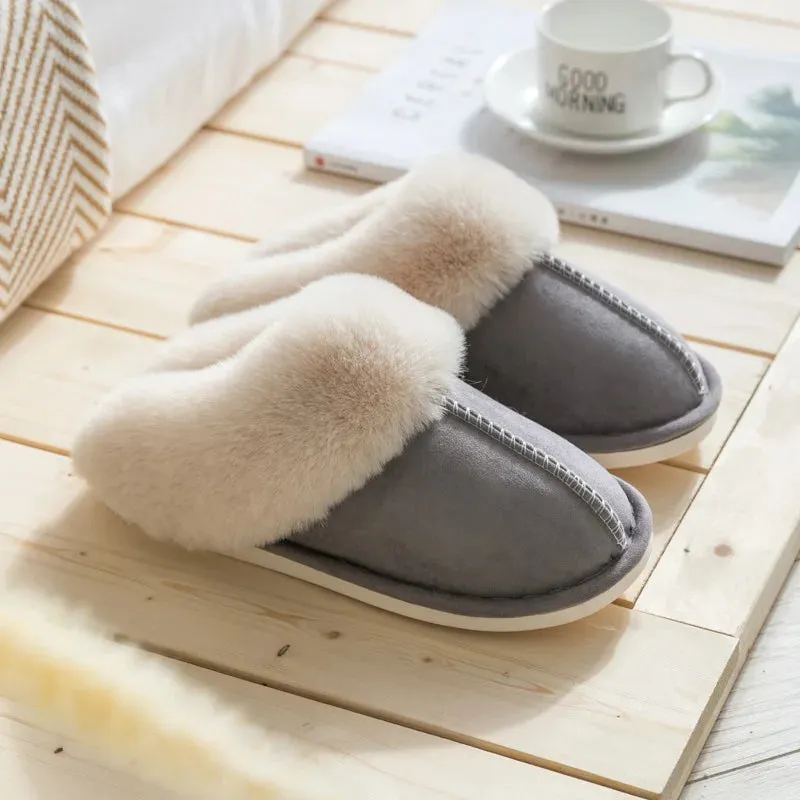 WinterFur Slippers Women Luxury Faux Suede Plush Couple Cotton Shoes Indoor Bedroom Flat Heels Fluffy Slippers