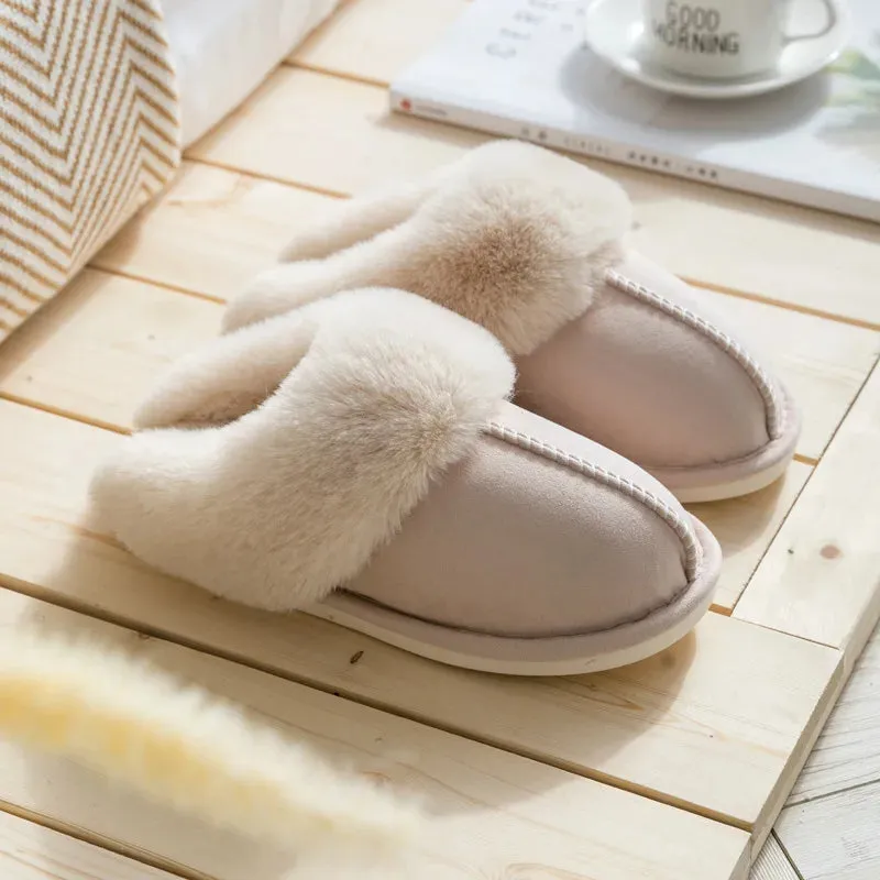 WinterFur Slippers Women Luxury Faux Suede Plush Couple Cotton Shoes Indoor Bedroom Flat Heels Fluffy Slippers