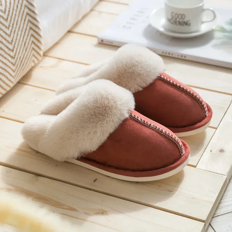 WinterFur Slippers Women Luxury Faux Suede Plush Couple Cotton Shoes Indoor Bedroom Flat Heels Fluffy Slippers