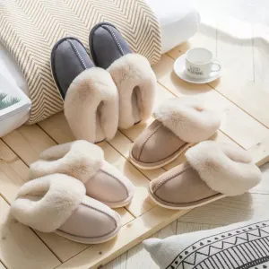 WinterFur Slippers Women Luxury Faux Suede Plush Couple Cotton Shoes Indoor Bedroom Flat Heels Fluffy Slippers