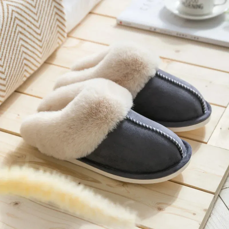 WinterFur Slippers Women Luxury Faux Suede Plush Couple Cotton Shoes Indoor Bedroom Flat Heels Fluffy Slippers