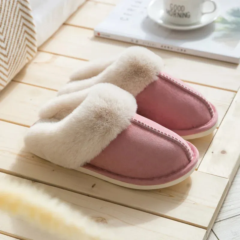 WinterFur Slippers Women Luxury Faux Suede Plush Couple Cotton Shoes Indoor Bedroom Flat Heels Fluffy Slippers