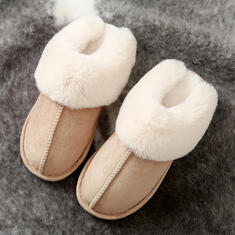 WinterFur Slippers Women Luxury Faux Suede Plush Couple Cotton Shoes Indoor Bedroom Flat Heels Fluffy Slippers