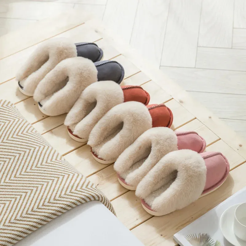WinterFur Slippers Women Luxury Faux Suede Plush Couple Cotton Shoes Indoor Bedroom Flat Heels Fluffy Slippers