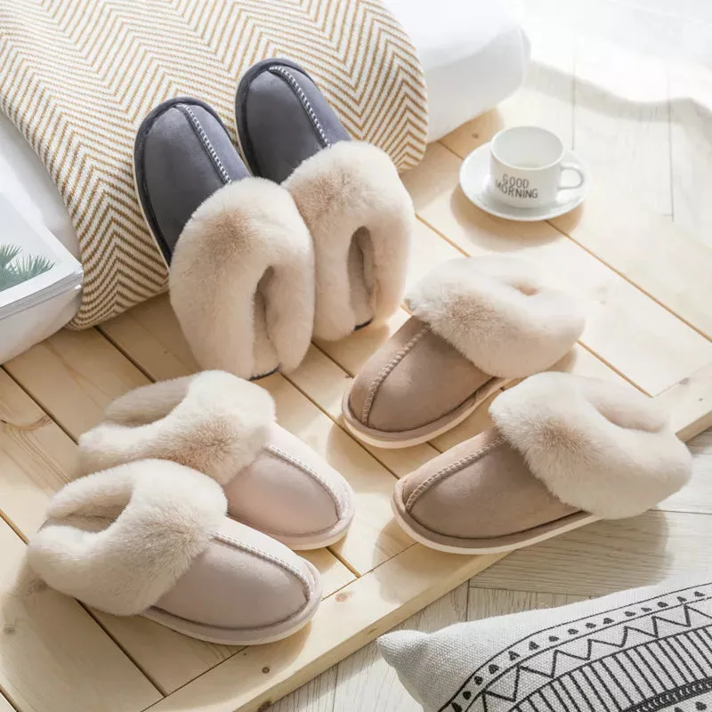WinterFur Slippers Women Luxury Faux Suede Plush Couple Cotton Shoes Indoor Bedroom Flat Heels Fluffy Slippers