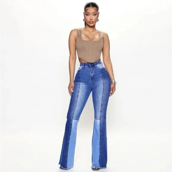 Women's High Waist Flared Jeans with Abdomen Control Boot Cut Bottom  Trouser