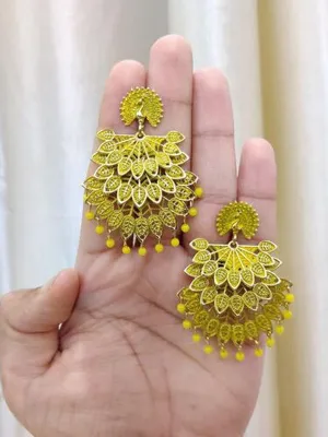 Yellow Pearl Drop Peacock Shaped Dangler Earrings